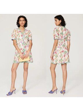 NWT Saloni Marlee Printed Linen Short Puff Sleeves Mini Dress Red Green Size: 10